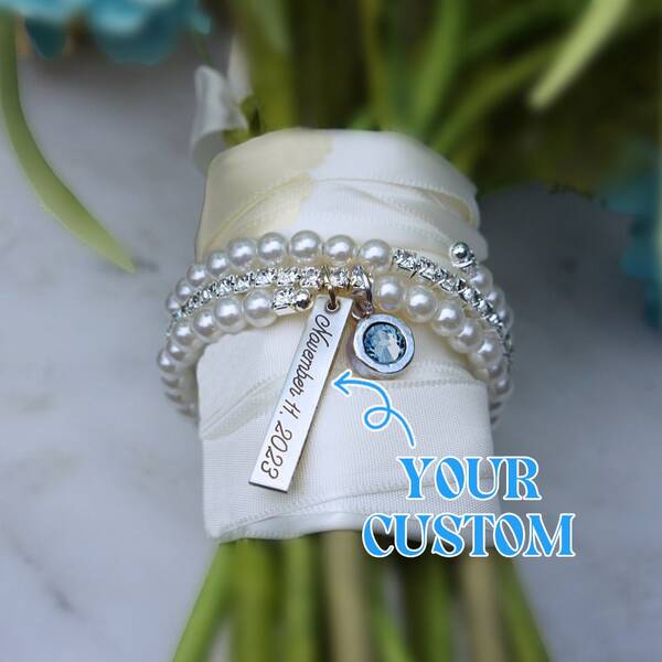 Personalized Engraved Bouquet Charm For Bride - Something Blue Wedding Gift From Mom & Best Friend - Custom Bridal Keepsake With Date - Bouquet Wrap Charm (Includes Gift Box) - Bridal Shower, Wedding Day