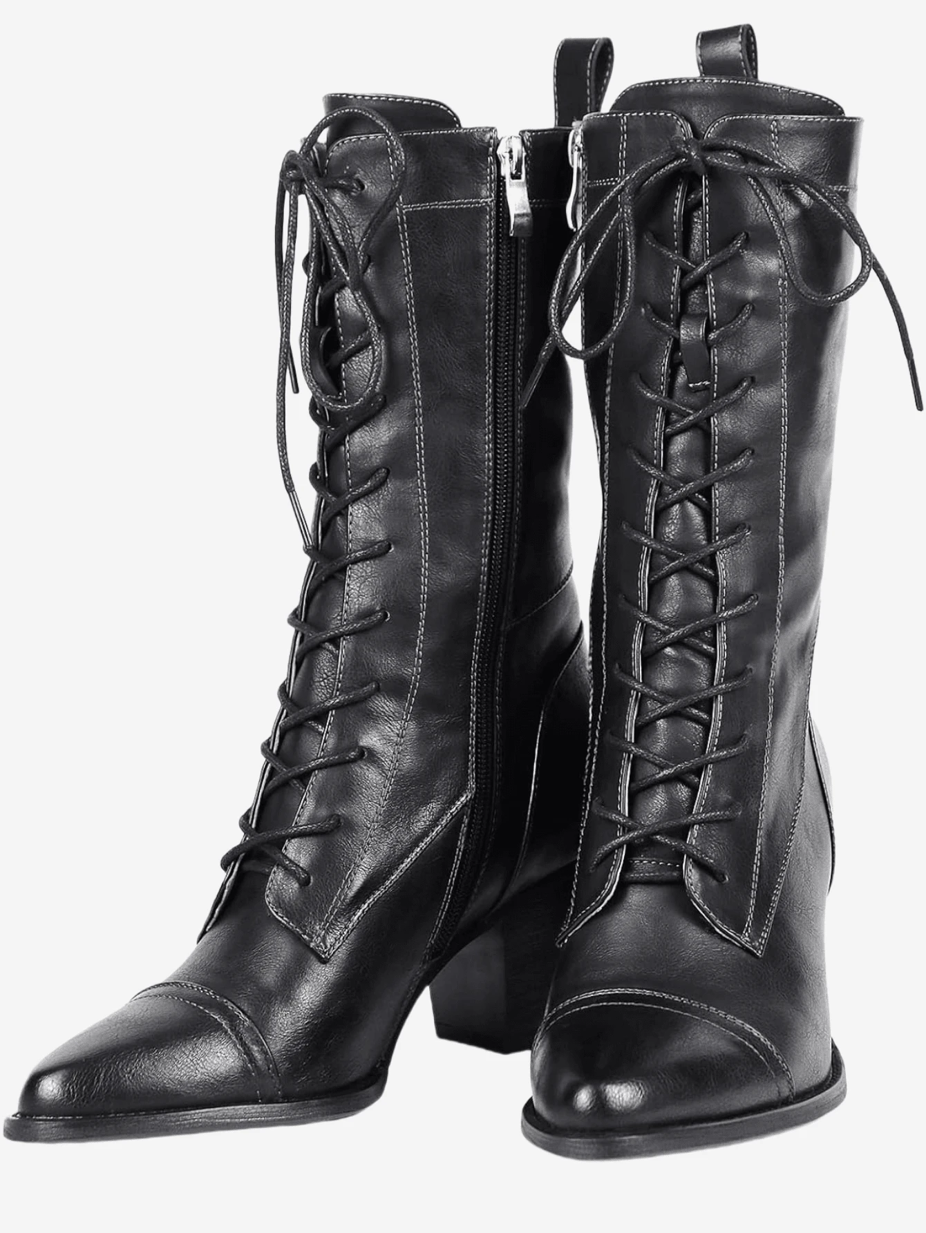 Women's Easter Leather Black Mid Calf Boots Lace Up Chunky Heel Vintage Combat Heeled Dress Casual Boots Country Concert Combat Boots For Women - 黑色 - 查看 1
