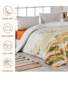 100% Cotton Bedding Set | Single (160x220 + 1 Pc 50x70 Pillowcase) & Double (200x220 + 2 Pcs 50x70 Pillowcases) | Button Closure | Made In Turkey - Yellow - View 4