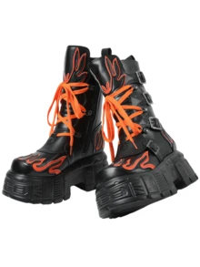 Women'S Y2K Style Punk Rock Platform Sneakers, Solid Color Lace-Up Mid Calf Booties, Non-Slip Rubber Sole, Comfortable Low Top Round Toe Boot With Thick Sole - 橘色 - 查看 7