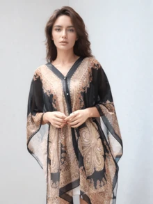 1 件女士雪纺印花披肩斗篷，轻盈露肩外套，夏季海滩罩衫 - 彩色 - 查看 16