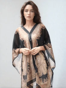 1 件女士雪纺印花披肩斗篷，轻盈露肩外套，夏季海滩罩衫 - 彩色 - 查看 1