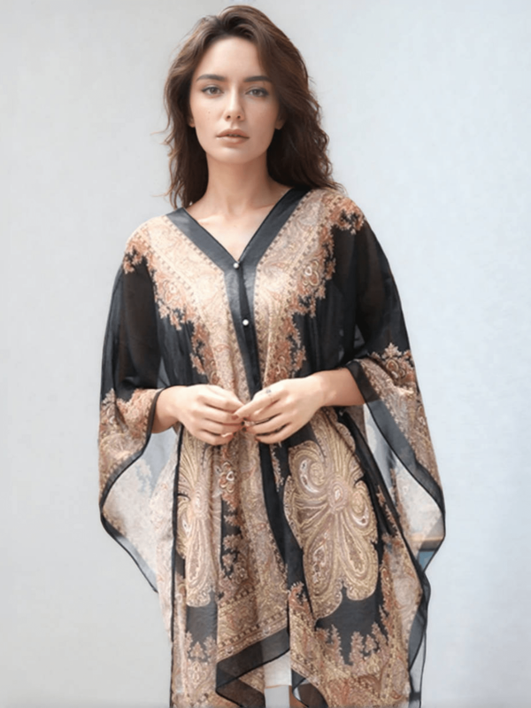 1pc Women's Chiffon Printed Shawl Poncho, Lightweight Shoulder-Revealing Outerwear, Summer Beach Cover Up