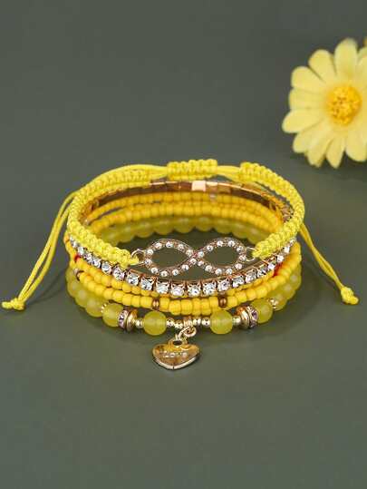 1 套（6 件）编织珠宝手链，带 8 颗形状水钻装饰