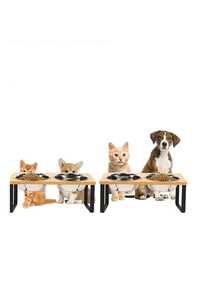 宠物碗，小型犬猫碗，竹子和不锈钢材质，防溢，加高喂食碗，容量大，颈部保护设计