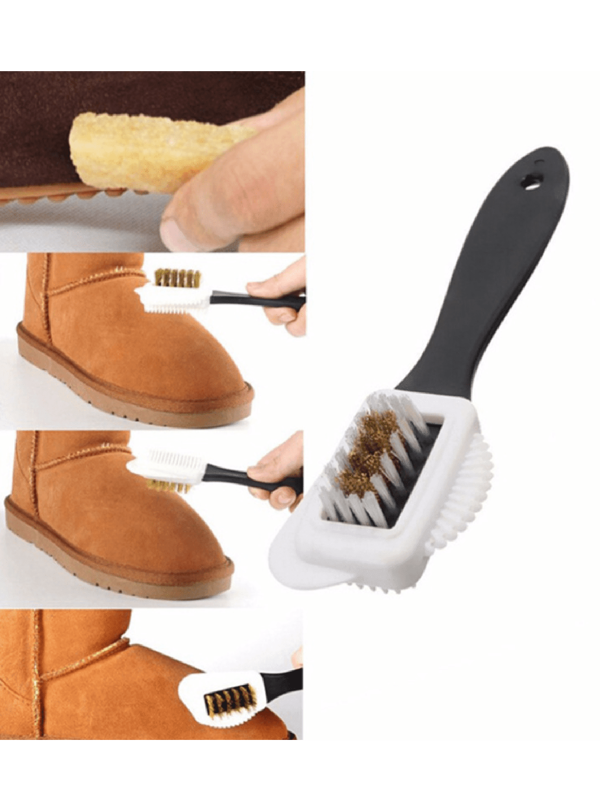 1 pièce Brosse de nettoyage en suède noire en forme de S, brosse à chaussures en plastique, brosse à 3 côtés pour le suède et le nubuck, brosse de nettoyage pour bottes de neige, brosse à chaussures en fil de cuivre, brosse à vêtements