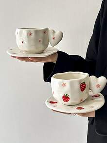 Cabin Kangaroo 1 套手工制作的不对称心形陶瓷杯碟套装，日式高品质釉下花卉装饰，适用于水、牛奶、茶、咖啡、办公室、生日、节日礼物