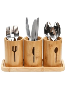 Ware Holder, Bamboo Utensil Organizer With Tray, Rustic Farmhouse Kitchen Cutlery Flatware Holder Organizer For Spoons, Knives And Forks, Ideal For Kitchen And Restaurant