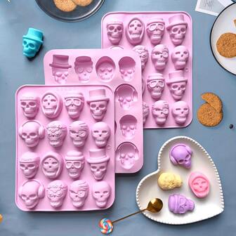 Silicone Skull Shape Mold - 1/2/3 Packs, Halloween Themed Skeleton Flexible Tray For Chocolate, Candy, Cookies, Pudding, Cake Decorations, DIY Baking Tools
