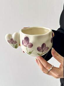 Cabin Kangaroo 1 套手工制作的不对称心形陶瓷杯碟套装，日式高品质釉下花卉装饰，适用于水、牛奶、茶、咖啡、办公室、生日、节日礼物