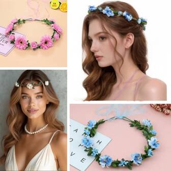 Corona de verano para vacaciones en la playa, corona de flores para niñas, múltiples colores a elegir, incluyendo guirnaldas de flores rojas, rosas y azules, corona de flores artificiales/falsas, corona de flores para la novia, accesorios para el cabello con estilo bohemio, decoraciones con estilo forestal