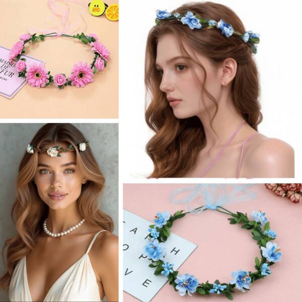 Corona de flores de verano para vacaciones en la playa, diadema de flores para niña, disponible en múltiples colores como rojo, rosa y azul, corona de flores artificiales/falsas, diadema de flores para novia, accesorio de cabello bohemio