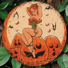 8-Inch Vintage Halloween Metal Decorative Plaque - Witch And Pumpkin Lantern Theme - Multipurpose Holiday Decor For Home, Office, Bar, Man Cave - Retro Style Wall Art, Random Hole Positions