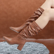 Women's Slouch Boots Pointed Toe Wrinkled Elegant Party Outdoor Wonderful New Chinese Style Back Zipper Party Holiday Outdoor - 駝色 - 查看 6