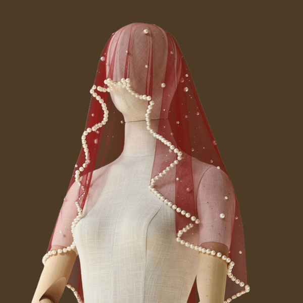 1 véu de noiva em malha brilhante cor de vinho com pérolas, adequado para cerimônia de casamento, festa de noivado ou banquete