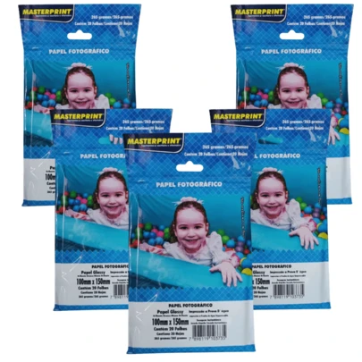 kit com 5 Pacotes c20 folhas do Papel Fotográfico 10x15 Glossy Brilho 265g - total de 100 Folhas - Masterprint