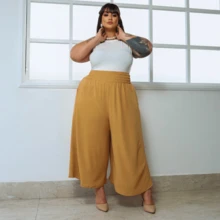 LIA ROSA Plus Size Wide Leg High Waisted Loose Lastex Pants - Beige - View 4