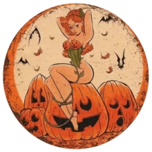8-Inch Vintage Halloween Metal Decorative Plaque - Witch And Pumpkin Lantern Theme - Multipurpose Holiday Decor For Home, Office, Bar, Man Cave - Retro Style Wall Art, Random Hole Positions