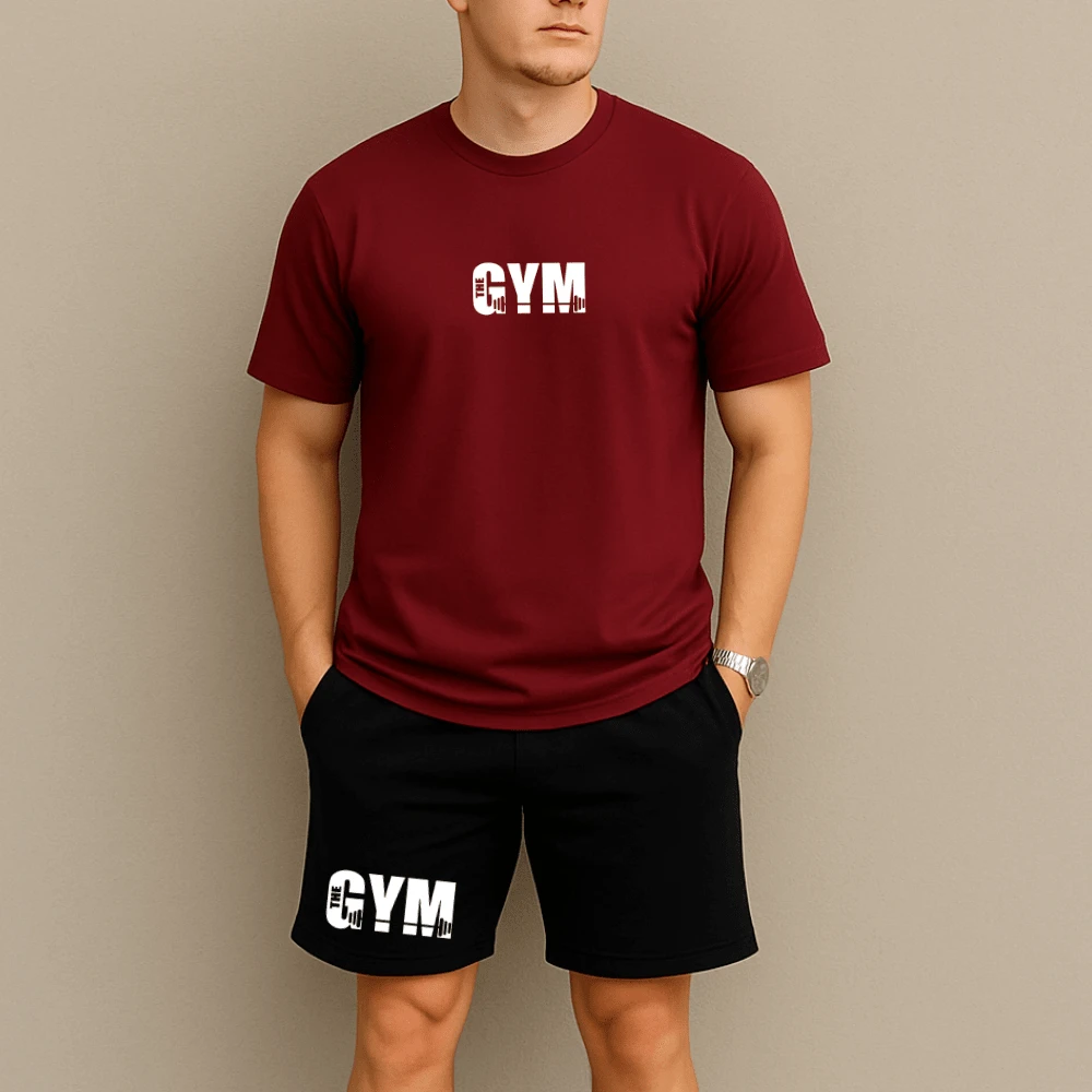 The Gym Men's Cotton T-Shirt And Printed Sweatpants Set Shorts Workout Top Gym Set - 勃根地紅/黑色 - 查看 1