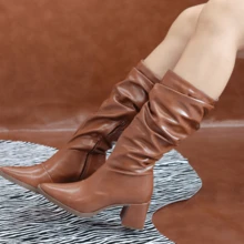 Women's Slouch Boots Pointed Toe Wrinkled Elegant Party Outdoor Wonderful New Chinese Style Back Zipper Party Holiday Outdoor - 駝色 - 查看 3