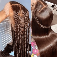 HJ WEAVE BEAUTY Perruques marron chocolat 13x4 Lace Front Wig, cheveux humains naturels, perruques brésiliennes lisses pour femmes, pré-épilées, aspect naturel avec cheveux de bébé, densité 180