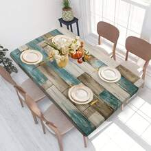 1pc Retro Wood Grain Patchwork Tablecloth, Natural Style, Elastic Edges, Easy To Clean, Suitable For Family Gatherings, Outdoor Picnics, Themed Parties, Indoor/Outdoor Use