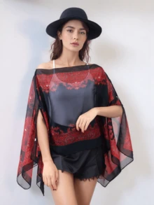 1 件女士雪纺印花披肩斗篷，轻盈露肩外套，夏季海滩罩衫 - 彩色 - 查看 2