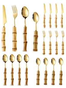Cirelle 16/4 件套竹制不锈钢餐具套装，带天然竹柄，学校用品，圣诞节礼物，感恩节和万圣节节日餐具 - 金色 - 查看 2