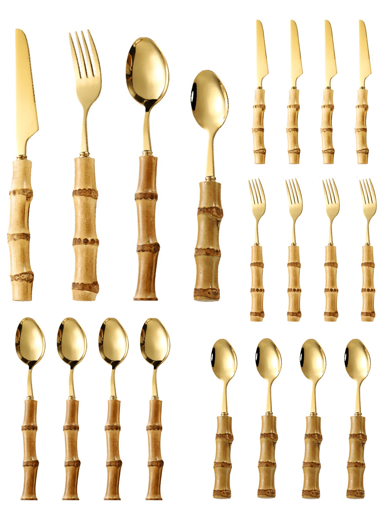 16/4 件套竹制不锈钢餐具套装,带天然竹柄,学校用品,圣诞节礼物,感恩节和万圣节节日餐具 - 金色 - 查看 1