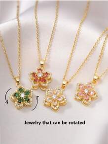 4/1 件精美五瓣花项链，锆石装饰，可旋转，时尚设计，旋转项链，独特新款五瓣吊坠，适合情侣、节日、家庭、妻子和孩子