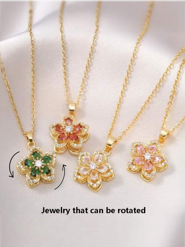 4/1 pieza Exquisito collar con colgante de flor de 5 pétalos, decorado con circonita, giratorio, diseño de moda, collar giratorio, nuevo estilo único de colgante de 5 pétalos, adecuado para parejas, festivales, familia, esposa e hijos