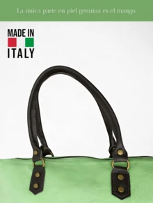 真皮拉链手提包，双色手柄搭配金属皮革，意大利制造，时尚大容量女士单肩包，简约休闲皮革购物袋，纯色大容量女士手提包 - Verde Clarito - 查看 6