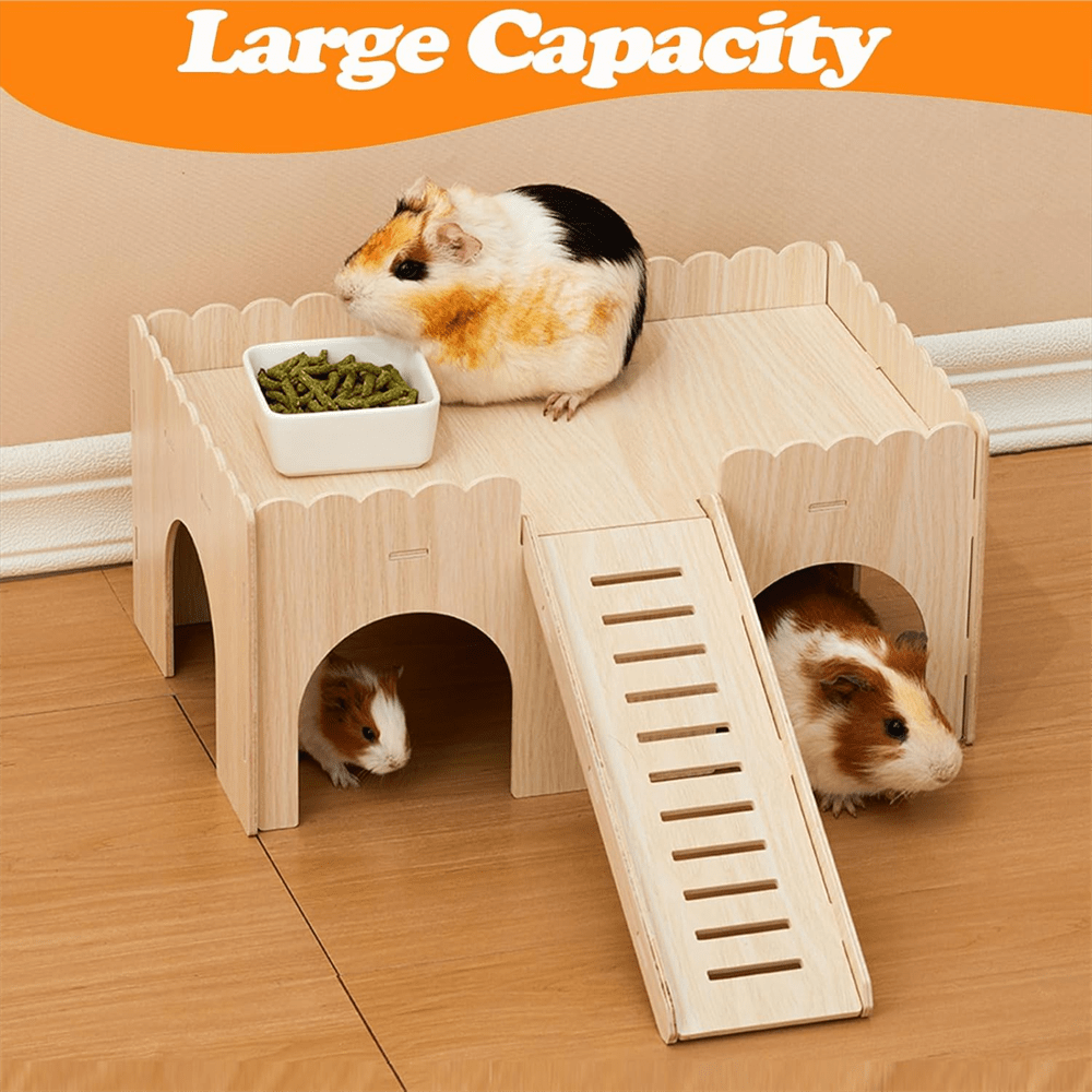 Grande Esconderijo de Madeira para Porquinho-da-Índia com Rampa - Casa Castelo de Estimação de Fácil Montagem para Coelhos, Hamsters e Animais Pequenos