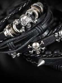 6pcs/Set Gothic Punk Style Fashionable Personalized Skull Rivet Metal Accessories Decor Layered PU Leather Braided Bracelet, Suitable For Men's Daily Wear And Halloween - Black - View 3