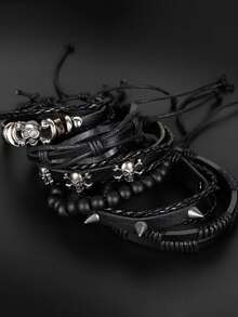 6pcs/Set Gothic Punk Style Fashionable Personalized Skull Rivet Metal Accessories Decor Layered PU Leather Braided Bracelet, Suitable For Men's Daily Wear And Halloween - Black - View 2