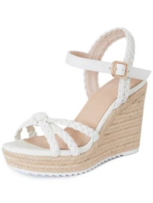 Fashionable Women's Wedge Heel Thick Soled Sandals Solid Color Woven Open Toe Metal Buckle Strap Summer Vacation Beach Shoes - trắng - Xem 6
