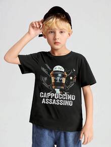Fun Coffee Themed Graphic 1pcs Boys Cotton T Shirt, Ideal For Playful Kids' Leisure Time - 黑色 - 查看 1