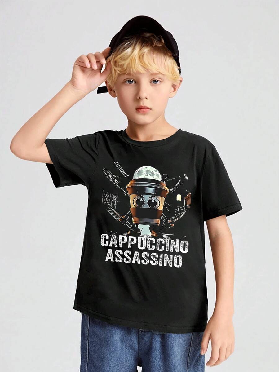 Fun Coffee Themed Graphic 1pcs Boys Cotton T Shirt, Ideal For Playful Kids' Leisure Time - 黑色 - 查看 1