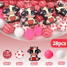 Bộ 28 hạt silicon có họa tiết hình con bò và trái tim, trang sức tự làm, móc khóa, đồ thủ công - Lý tưởng cho hạt bút và quà tặng thủ công - Hạt & các loại hạt - Đỏ và trắng - Xem 5