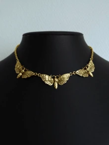 1pc Gold Metallic Moth Skeleton Pendant Necklace, Punk Style For Men And Women, Party Accessory - 金色 - 查看 4