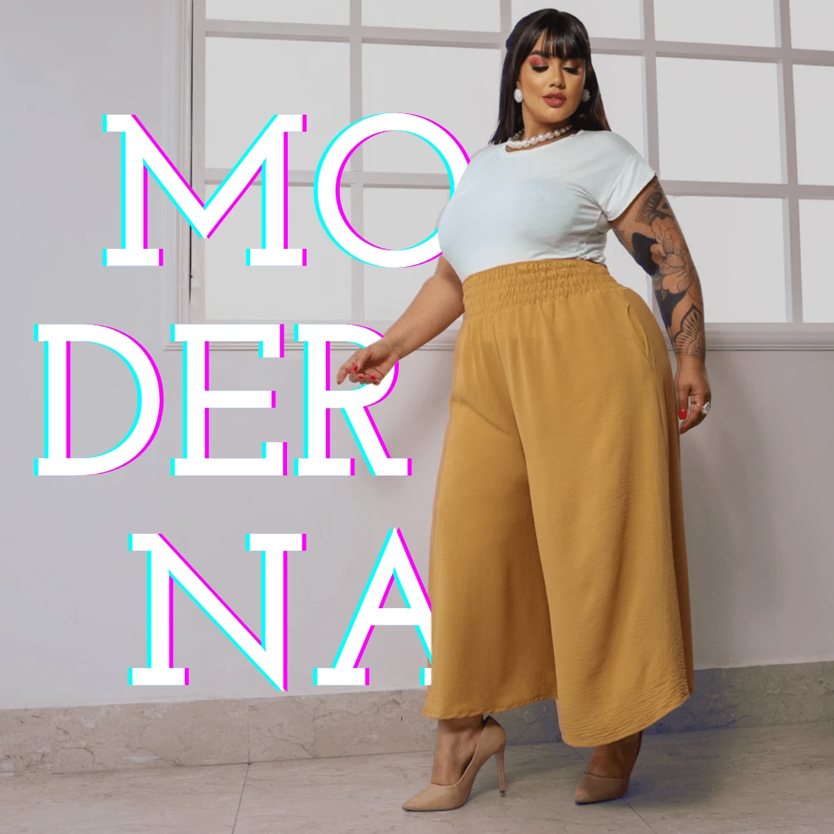 LIA ROSA Plus Size Wide Leg High Waisted Loose Lastex Pants - Beige - View 1