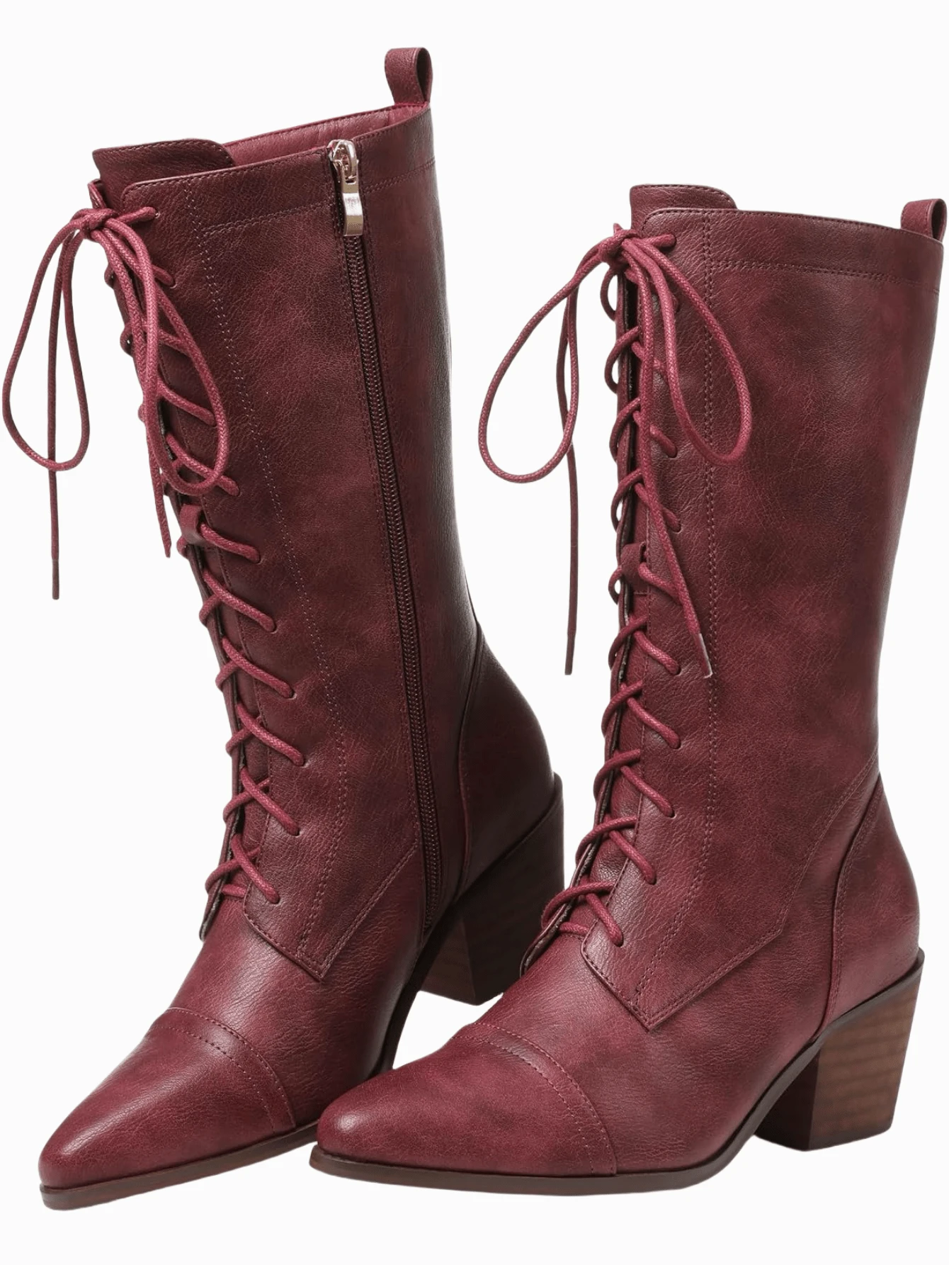 Women's Easter Leather Burgundy Mid Calf Boots Lace Up Chunky Heel Vintage Combat Heeled Dress Casual Boots Country Concert Combat Boots For Women - Màu Đỏ Sâu - Xem 1
