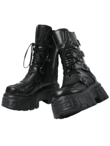 Women'S Y2K Style Punk Rock Platform Sneakers, Solid Color Lace-Up Mid Calf Booties, Non-Slip Rubber Sole, Comfortable Low Top Round Toe Boot With Thick Sole - 黑色 - 查看 3
