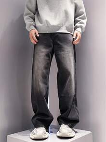 青少年男孩黑色水洗牛仔裤，秋冬休闲宽松直筒裤，适合年龄较大的青少年男孩穿着