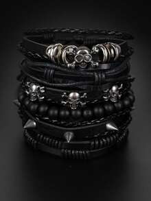 6pcs/Set Gothic Punk Style Fashionable Personalized Skull Rivet Metal Accessories Decor Layered PU Leather Braided Bracelet, Suitable For Men's Daily Wear And Halloween - Black - View 1