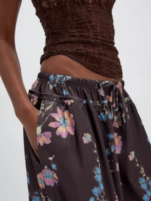 Women's Comfy Stretch Floral Print Drawstring Palazzo Wide Leg Lounge Pant - Black - View 2