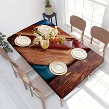 1pc Retro Wood Grain Patchwork Tablecloth, Natural Style, Elastic Edges, Easy To Clean, Suitable For Family Gatherings, Outdoor Picnics, Themed Parties, Indoor/Outdoor Use