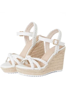 Fashionable Women's Wedge Heel Thick Soled Sandals Solid Color Woven Open Toe Metal Buckle Strap Summer Vacation Beach Shoes - trắng - Xem 7