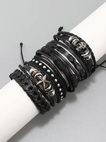 6pcs Punk Style Skull & Pentagram Handmade Leather Wristbands For Men - Black - View 7