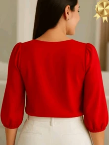 Blusa Feminina Social Gola V com Manga Bufante em Tecido Crepinho – Elegante, Leve e Versátil para Trabalho ou Dia a Dia | P • M • G - Vermelho - Visão 3